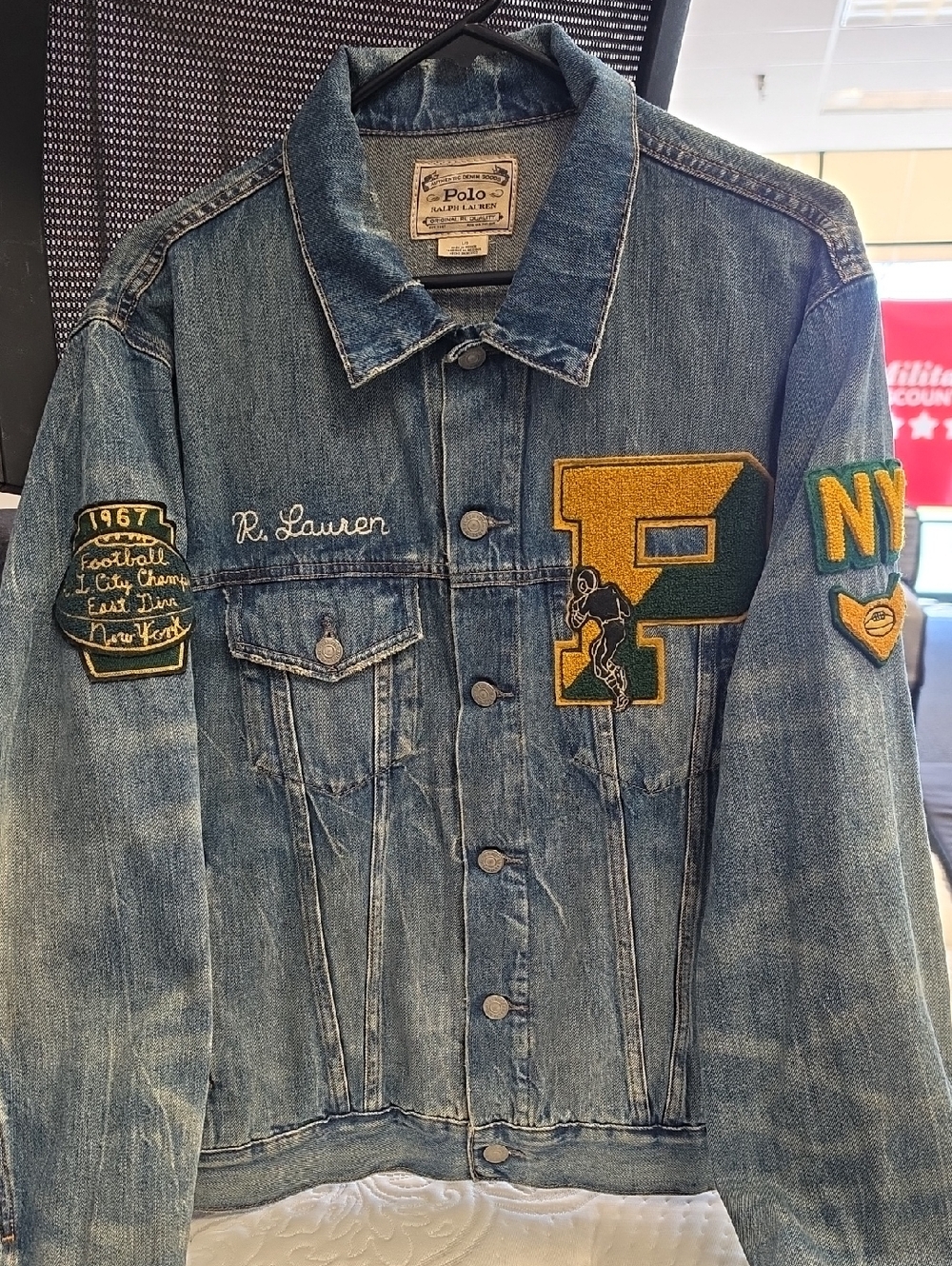 POLO Ralph Lauren Blue Denim TIGER Patch FOOTBALL LETTERMAN JACKET•Large•RARE! - Picture 2 of 15